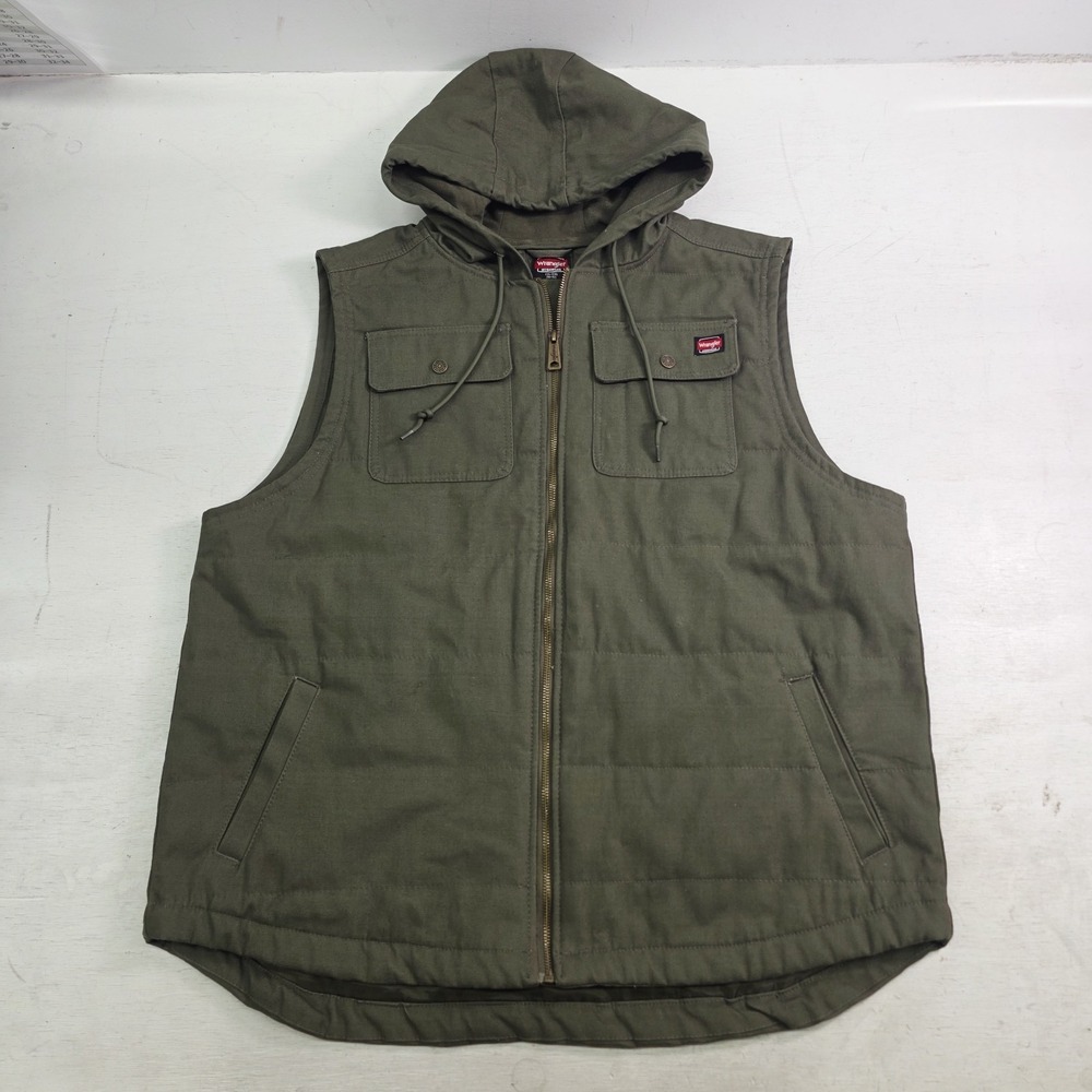 Wrangler Workwear Green Canvas Hooded Sleeveless Zip Vest Jacket‎ Men's 2XL EUC
